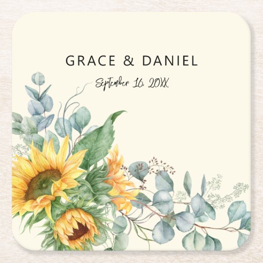 Rustige zonnebloem Eucalyptus Wedding Favor Kartonnen Onderzetters (Voorkant)
