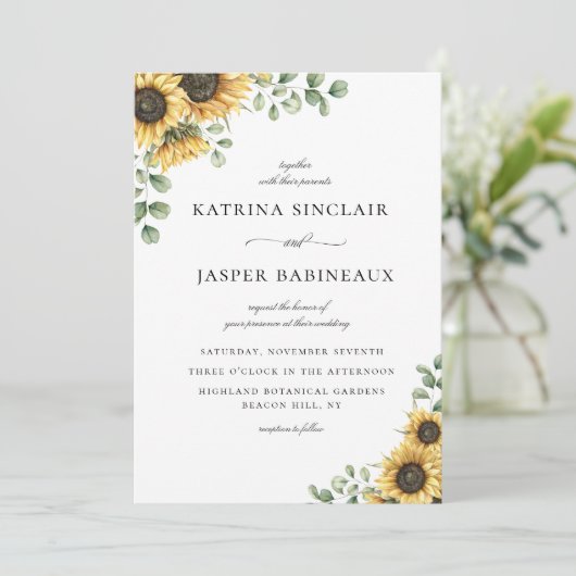 Rustige zonnebloem Eucalyptus Wedding Kaart (Staand voorkant)