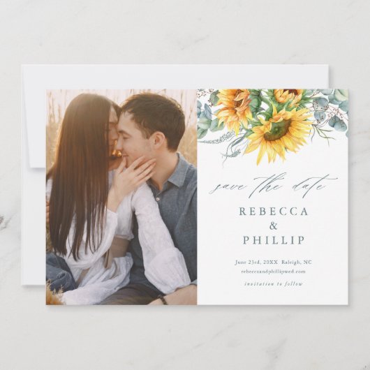 Rustige zonnebloem Eucalyptus Wedding Save The Date (Voorkant)