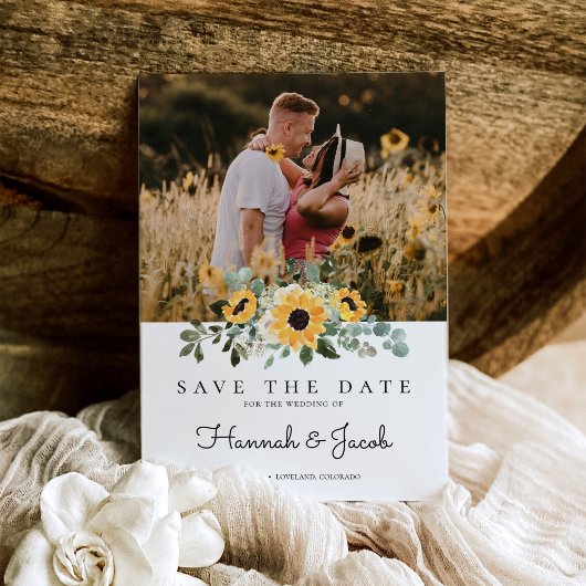 Rustige zonnebloem Eucalyptus Wedding Save The Date