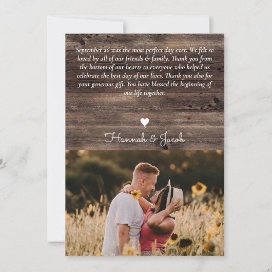 Rustige zonnebloem Eucalyptus Wood Weddenschap Bedankkaart (Achterkant)