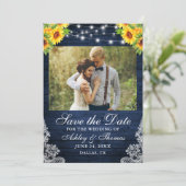 Rustige zonnebloem Floral Blue Wood Licht Foto Save The Date (Staand voorkant)