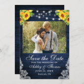 Rustige zonnebloem Floral Blue Wood Licht Foto Save The Date (Voorkant / Achterkant)