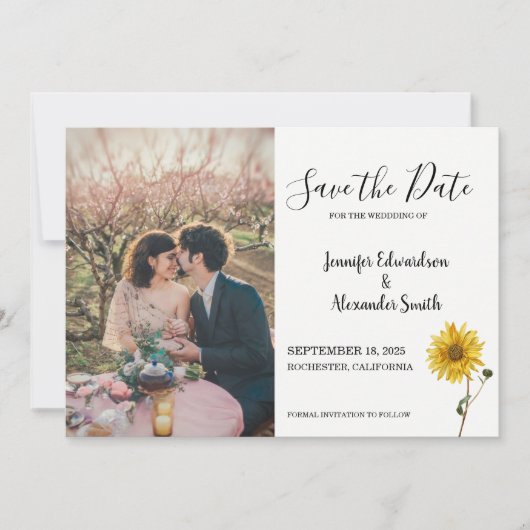 Rustige zonnebloem, florale foto, bruiloft land save the date (Voorkant)