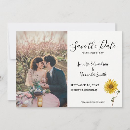 Rustige zonnebloem fotoland save the date (Voorkant)