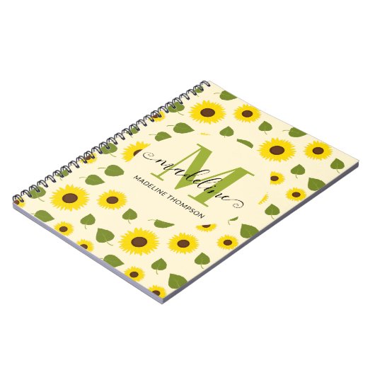 Rustige zonnebloem Geel Groen Leaf Monogram Notitieboek (Linkerzijde)