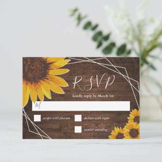 Rustige zonnebloem Geometric Wedding RSVP Kaartje (Staand voorkant)