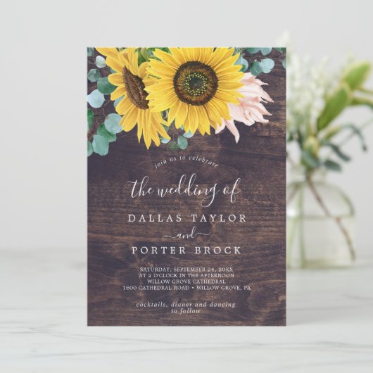 Rustige zonnebloem | Hout in één bruiloft Kaart (Staand voorkant)