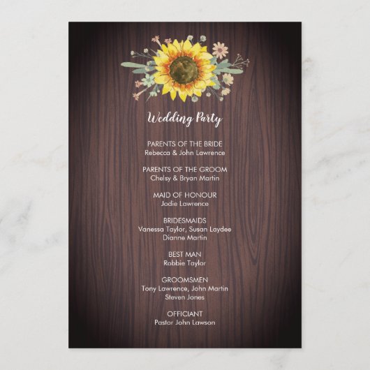 Rustige zonnebloem Hout Jar Lights Wedding Programmakaart (Achterkant)