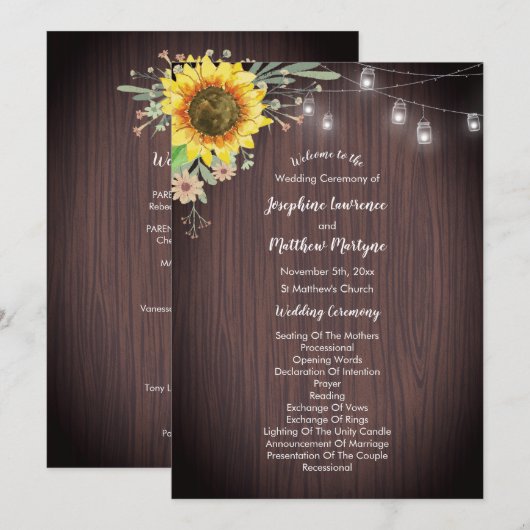 Rustige zonnebloem Hout Jar Lights Wedding Programmakaart (Voorkant / Achterkant)
