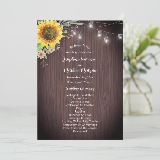 Rustige zonnebloem Hout Jar Lights Wedding Programmakaart (Staand voorkant)