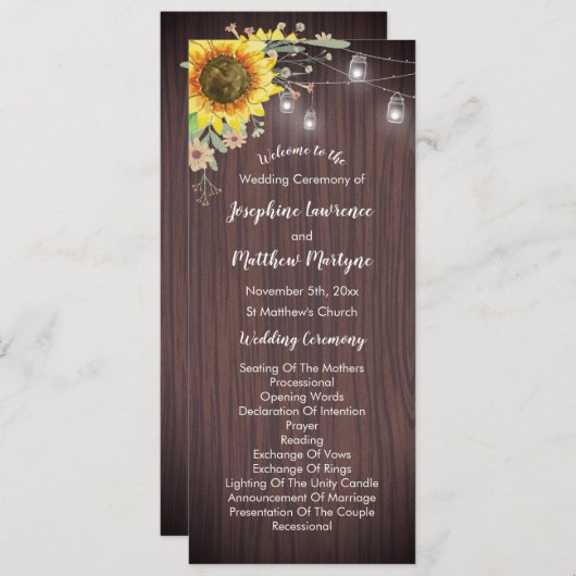 Rustige zonnebloem Hout Jar Lights Wedding Programmakaart (Voorkant / Achterkant)