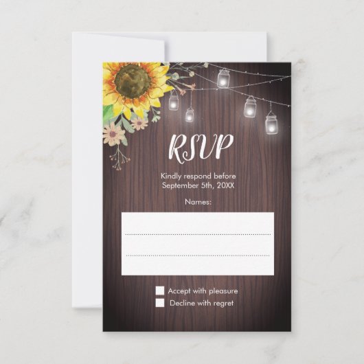 Rustige zonnebloem Hout Jar Lights Wedding RSVP Kaartje (Voorkant)