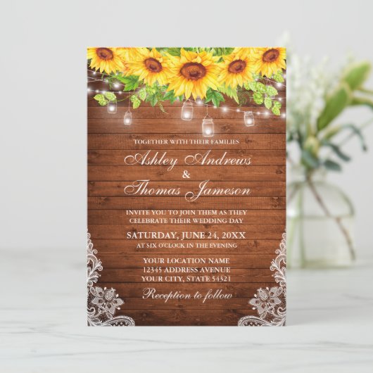 Rustige zonnebloem Hout Mason Jar Lights Lace Kaart (Staand voorkant)