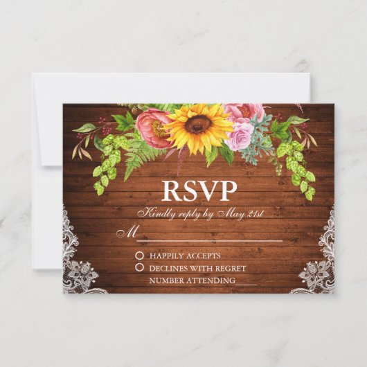 Rustige zonnebloem Hout Wace Wedding RSVP Kaartje (Voorkant)
