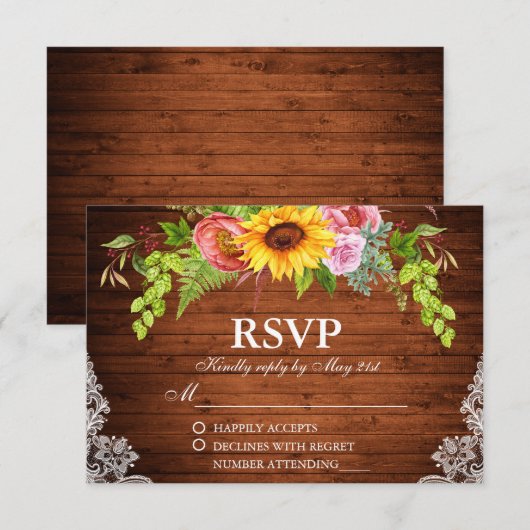 Rustige zonnebloem Hout Wace Wedding RSVP Kaartje (Voorkant / Achterkant)