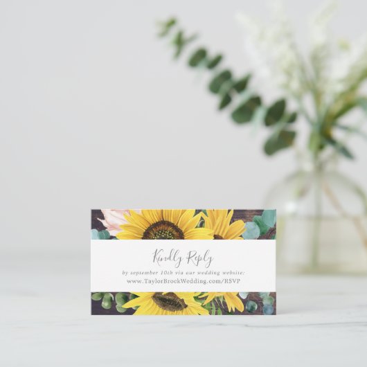 Rustige zonnebloem | Hout Weddenschap Website RSVP Informatiekaartje (Staand voorkant)