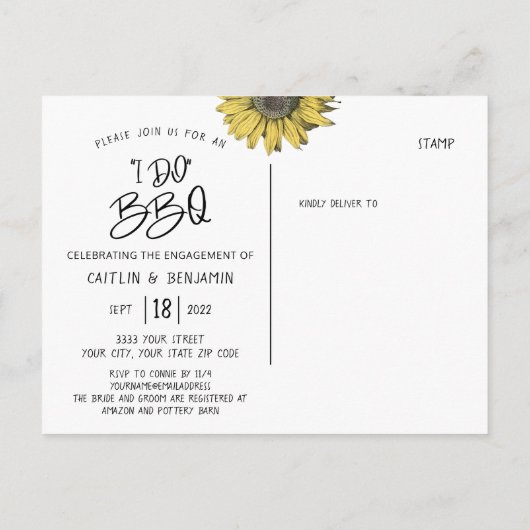 Rustige Zonnebloem I Do BBQ Engagement Party Uitnodiging Briefkaart (Achterkant)