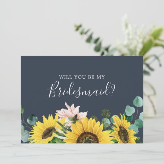 Rustige zonnebloem | Kaart Navy Bridesmaid-voorste (Staand voorkant)