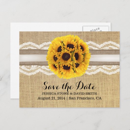 Rustige zonnebloem Kogelkant & Burlap Opslaan Datu Aankondigingskaart (Voorkant / Achterkant)