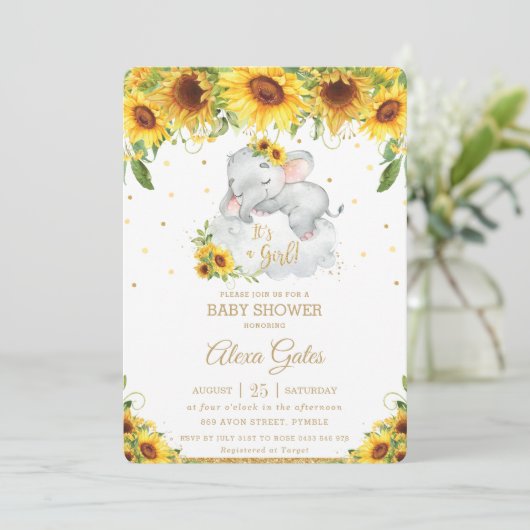 Rustige Zonnebloem Kut Elephant Baby shower Girl Kaart (Staand voorkant)