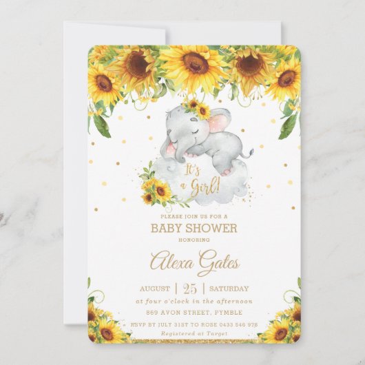 Rustige Zonnebloem Kut Elephant Baby shower Girl Kaart (Voorkant)