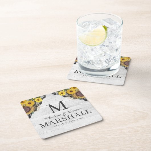 Rustige zonnebloem Lace Wood Couple Summer Weddens Kartonnen Onderzetters (Insitu)