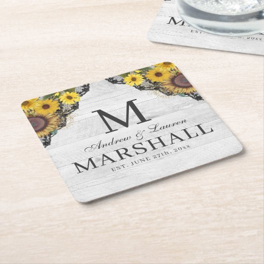 Rustige zonnebloem Lace Wood Couple Summer Weddens Kartonnen Onderzetters (Schuin)