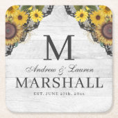 Rustige zonnebloem Lace Wood Couple Summer Weddens Kartonnen Onderzetters (Voorkant)