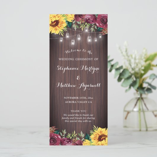 Rustige zonnebloem Mason Jar Lights Floral Wedding Programmakaart (Staand voorkant)