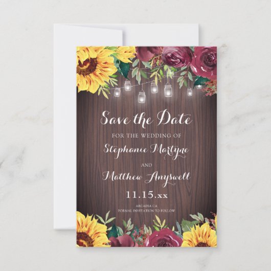 Rustige zonnebloem Mason Jar Lights Floral Wedding Save The Date (Voorkant)