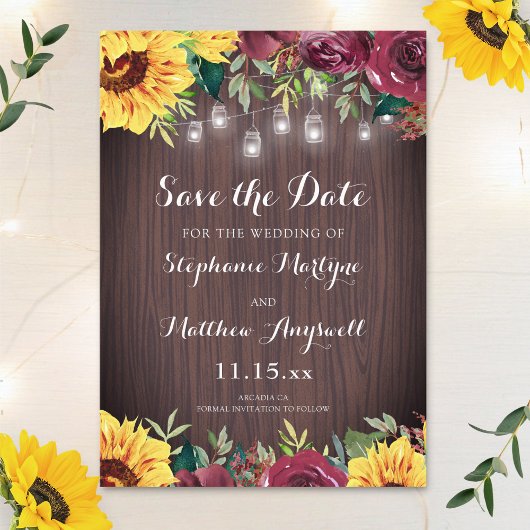 Rustige zonnebloem Mason Jar Lights Floral Wedding Save The Date
