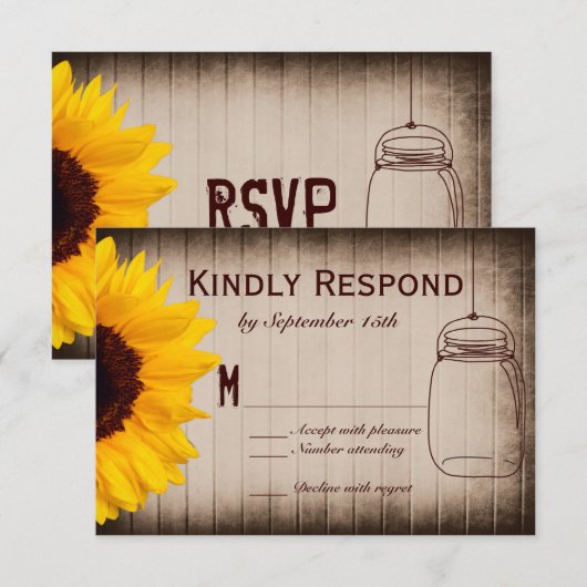 Rustige Zonnebloem Mason Jar Wedding RSVP-kaarten RSVP Kaartje (Voorkant / Achterkant)