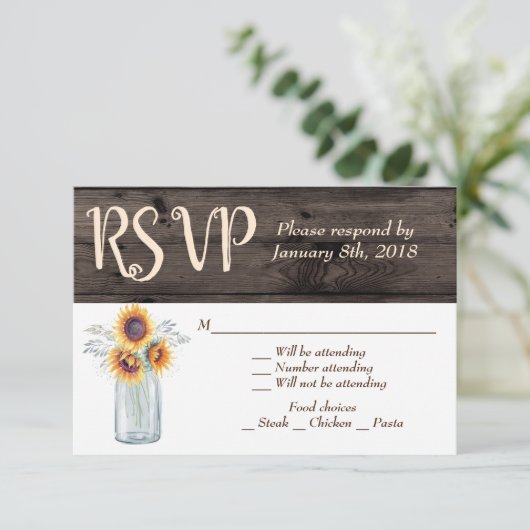 Rustige zonnebloem Mason Jar Wood Country RSVP Kaart (Staand voorkant)