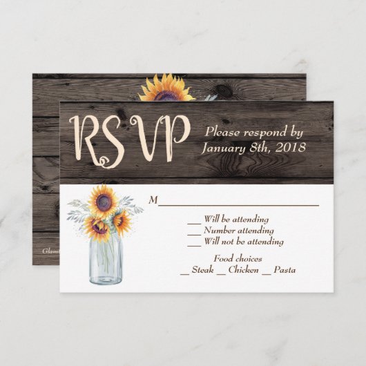 Rustige zonnebloem Mason Jar Wood Country RSVP Kaart (Voorkant / Achterkant)