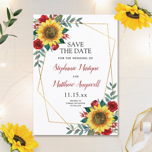 Rustige zonnebloem Modern Red Floral Wedding Save The Date