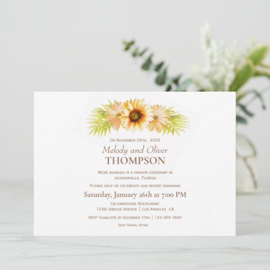 Rustige zonnebloem na bruiloft kaart (Staand voorkant)