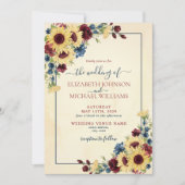 Rustige zonnebloem Navy Blue Burgundy Floral Weddi Kaart (Voorkant)