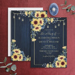 Rustige zonnebloem Navy Blue Wood Floral Wedding Kaart<br><div class="desc">Creëer de perfecte trouwuitnodiging met deze rustige zonnebloem en blauw blauw waterverf floreel ontwerp, met blauw marinesoud, snaarverlichting en handletterscripttypografie. De ontwerper van het contact voor de passende producten. Hartelijk dank voor uw steun aan ons kleinbedrijf, dat waarderen we echt! We zijn zo blij dat je zoveel van dit ontwerp...</div>