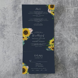 Rustige zonnebloem | Navy Photo Wedding All-in-One Drieluik Uitnodiging