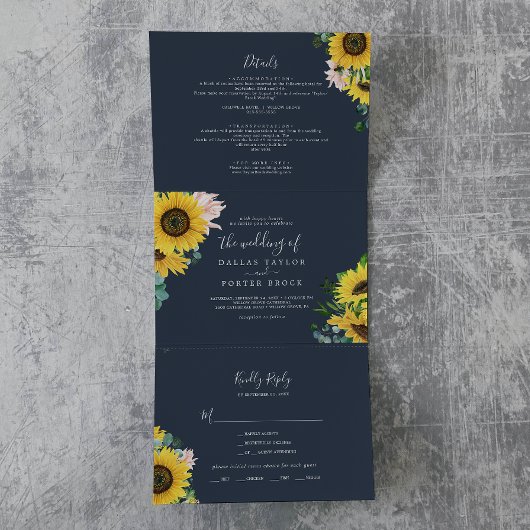 Rustige zonnebloem | Navy Photo Wedding All-in-One Drieluik Uitnodiging