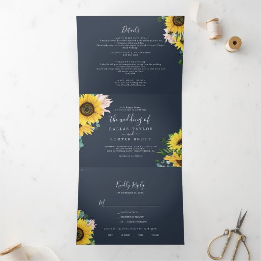 Rustige zonnebloem | Navy Photo Wedding All-in-One Drieluik Uitnodiging (Binnen)