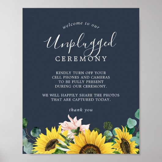 Rustige zonnebloem | Navy Unplugged Ceremony Sign Poster (Voorkant)