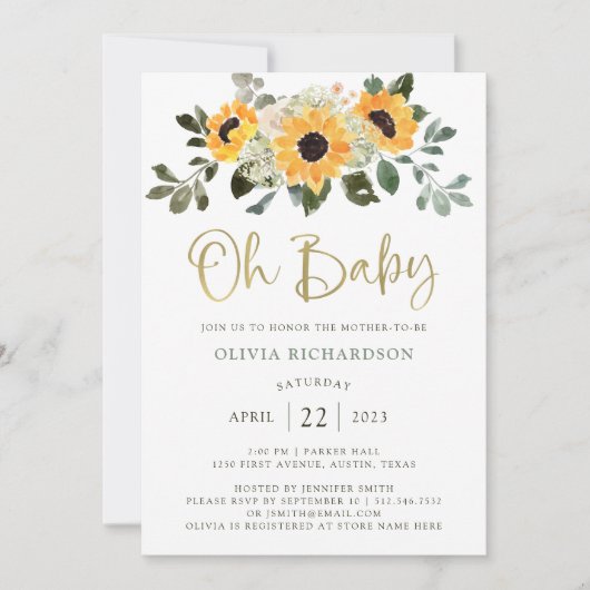 Rustige zonnebloem | Oh Baby shower Gold Script Kaart (Voorkant)