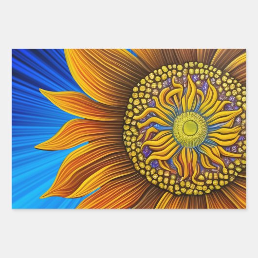 Rustige zonnebloem op blauw inpakpapier vel (Voorkant)