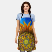 Rustige zonnebloem op blauw schort (Gedragen)