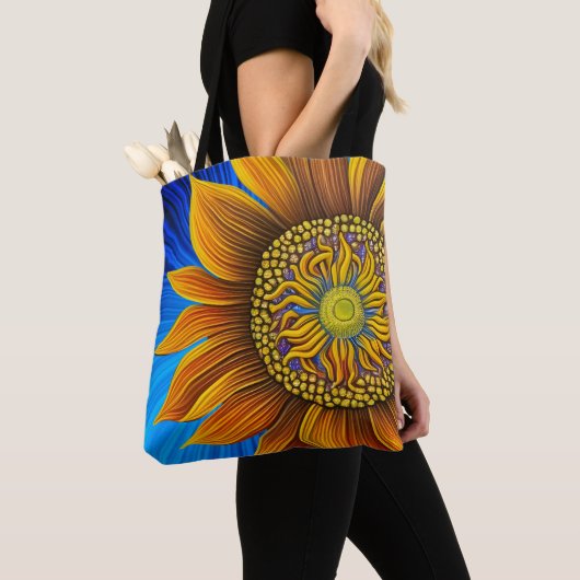 Rustige zonnebloem op blauw tote bag (Dichtbij)