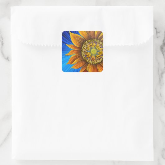 Rustige zonnebloem op blauw vierkante sticker (Tas)