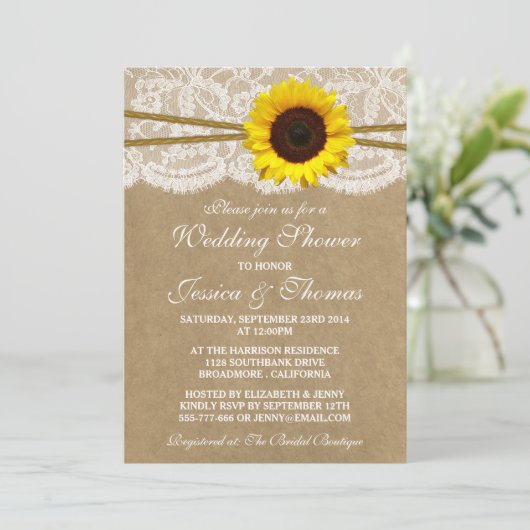 Rustige zonnebloem op kraft & Lace Wedding Shower Kaart (Staand voorkant)