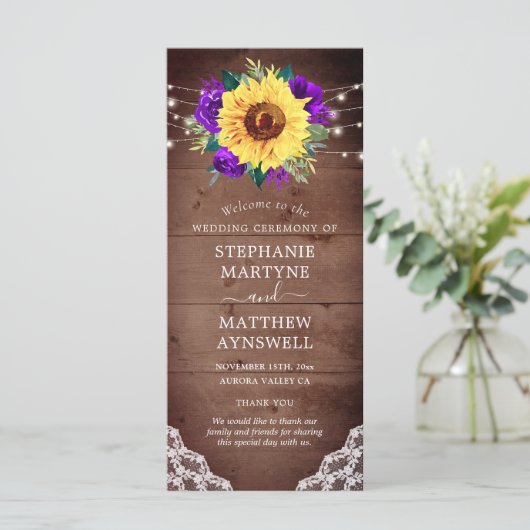 Rustige Zonnebloem Paars Roos Vall Weddenschap Programmakaart (Staand voorkant)
